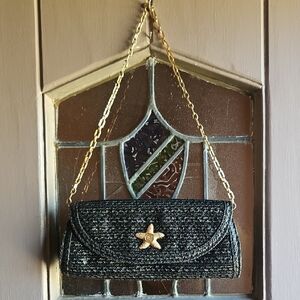 Eric Javits Vintage Natural Raffia Clutch with Gold Starfish Accent and Chain